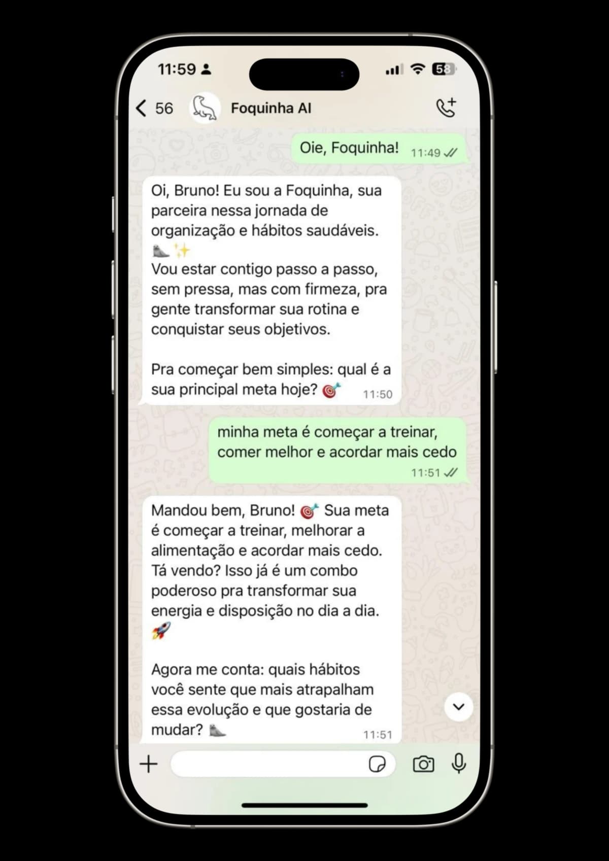 Interface da Foquinha IA no WhatsApp